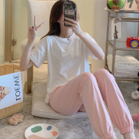 睡衣女夏季纯棉韩版纯色简约宽松短袖长裤套装家居服春秋薄款外穿