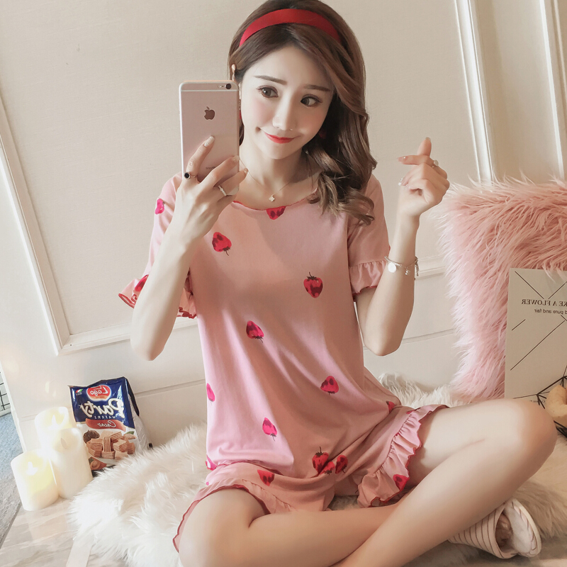 韩版清新学生睡衣女夏季短袖棉质甜美可爱冰丝外穿家居服两件套装