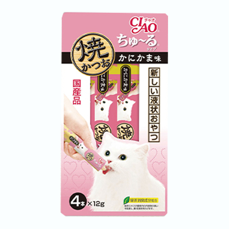 日本伊纳宝猫粮 INABA海洋鱼啾噜流质猫零食12g*4条 CIAO肉泥猫条 蟹肉味