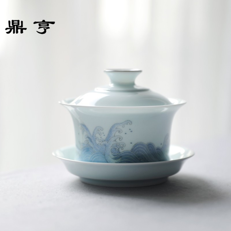 鼎亨春泥纹影青盖碗大号茶杯茶具陶瓷功夫白瓷泡茶三才景德镇品