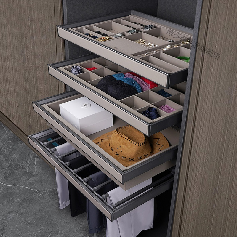 衣柜拉篮抽屉式多层收纳衣帽间内置多功能置物架伸缩滑轨抽拉裤架