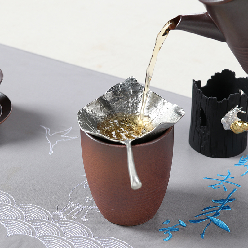 尚帝（shangdi）创意纯锡茶漏茶滤树叶过滤网零配茶托铜工艺茶隔托架 手工捶纹锡叶蜗牛座2件套