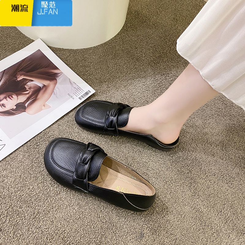 聚范平底单鞋女2024年夏季新款一脚蹬豆豆鞋浅口软底软皮裙子鞋子圆头高清大图