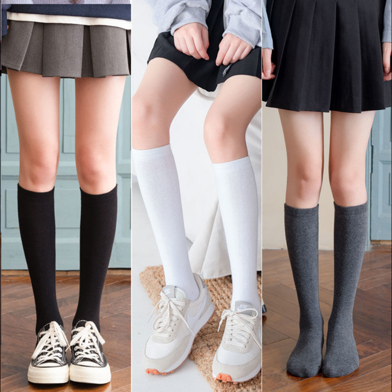 蒙袜子女长筒袜韩版秋冬季长袜小腿袜jk高筒堆堆纯色棉袜黑白潮打底袜