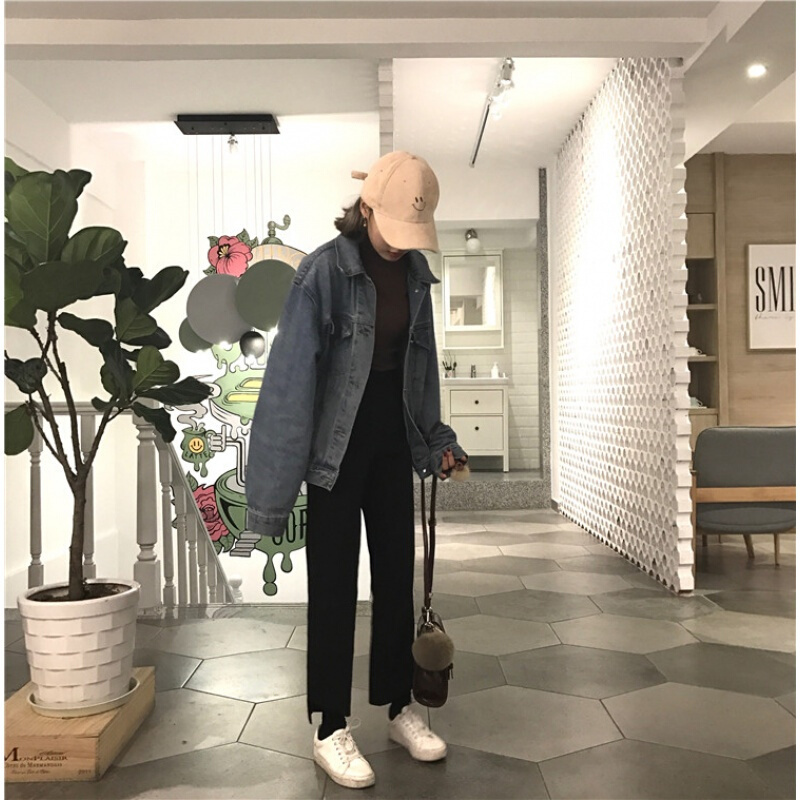 春装韩国女装宽松显瘦直筒裤西装裤子百搭高腰斜切边九分裤休闲裤黑色