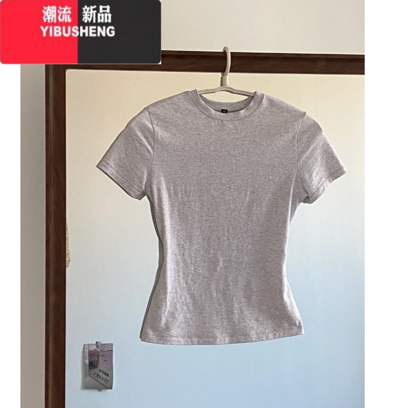 YIBUSHENG紧身短袖t恤女季2024新款圆领内搭茶艺风显身材纯欲正肩上衣高清大图