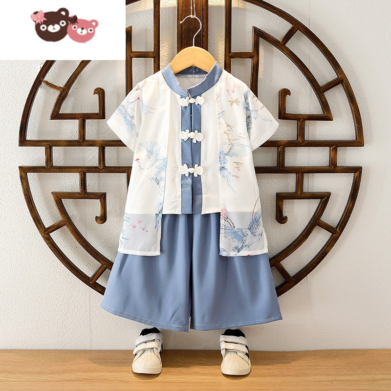 绿彩虹光汉服男童唐装中国风儿童国学服男孩古装古风帅气宝宝幼儿园