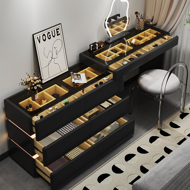 欧梵森奶油风梳妆台斗柜一体可伸缩转角带感应灯化妆桌现代简约卧室收纳柜高清大图