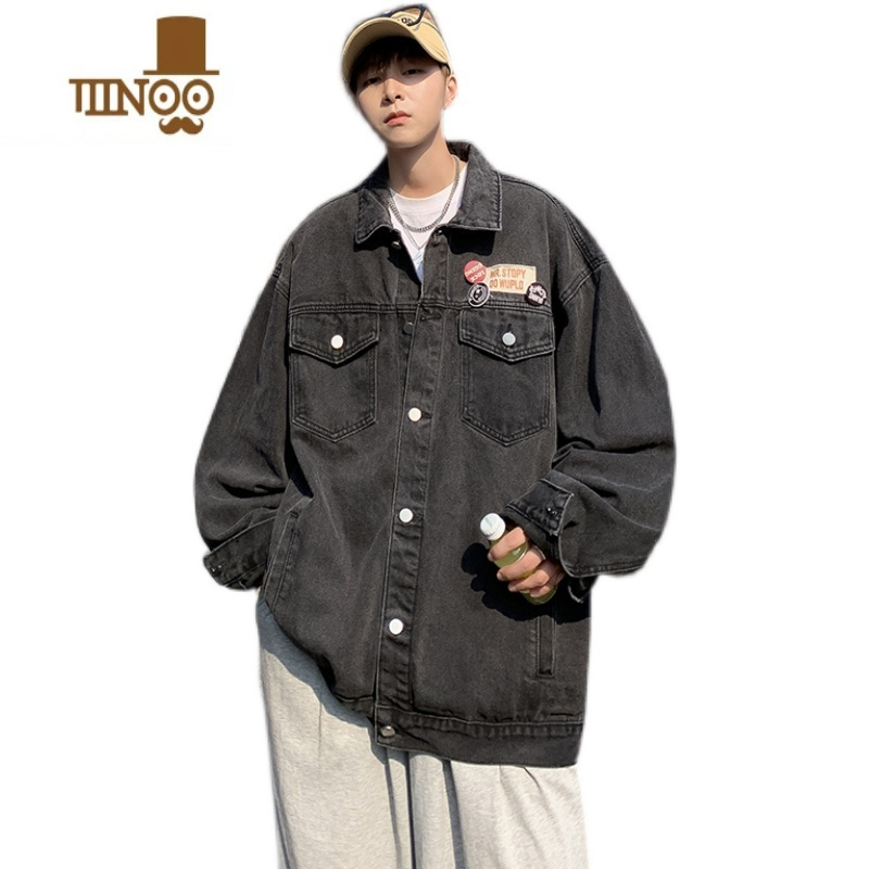 YANXU牛仔外套男日系潮牌街头嘻哈宽松翻领贴标休闲夹克情侣衣服