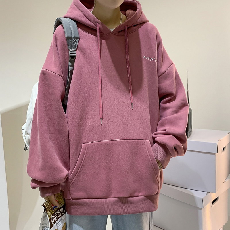 baluoshang冬季男潮流加绒粉色连帽卫衣外套加厚潮牌骚粉上衣服带帽衫