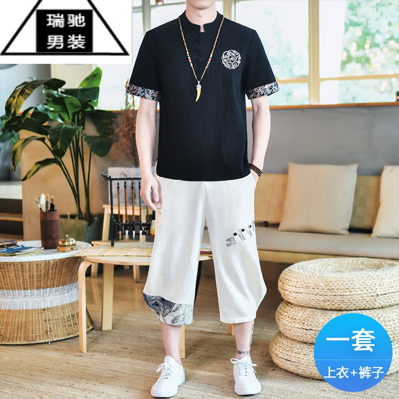 希杰狮王亚麻短袖T恤男夏季中国风套装男宽松棉麻复古刺绣大码上衣两件套