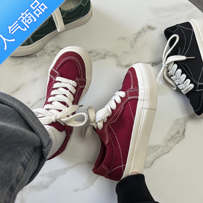 SUNTEK卷毛高 红色厚底帆布鞋女2023新款夏季百搭板鞋子学生潮小众设计高清大图