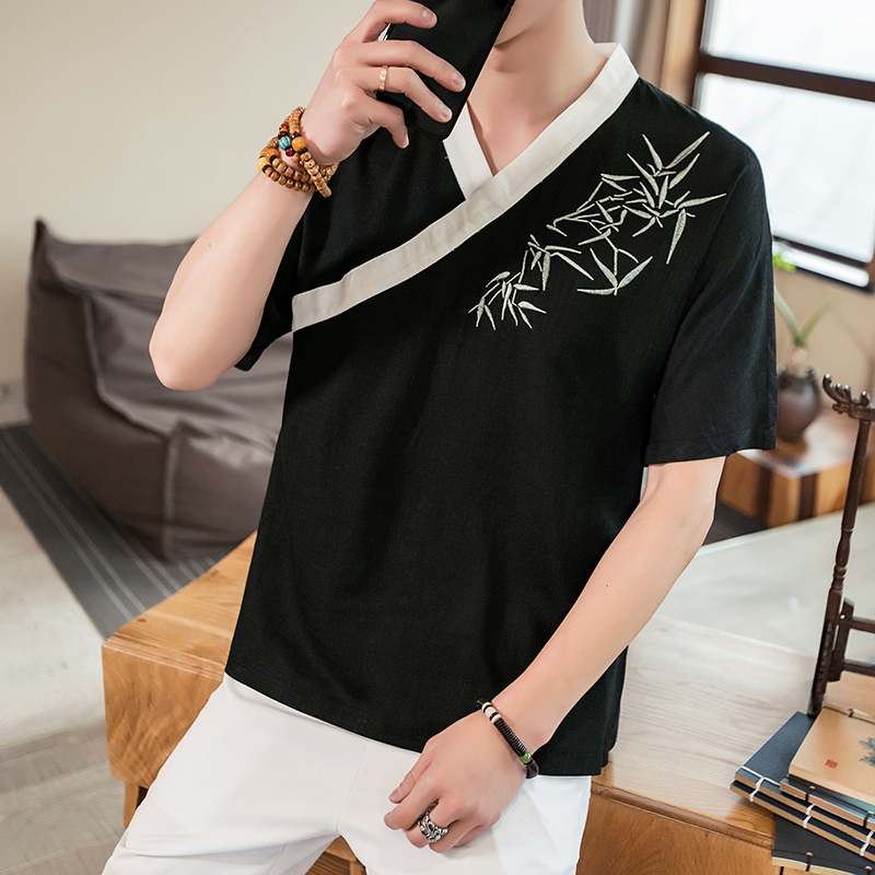 唐装男青年改良汉服中国风古装侠客男夏亚麻刺绣t恤短袖中式汉服