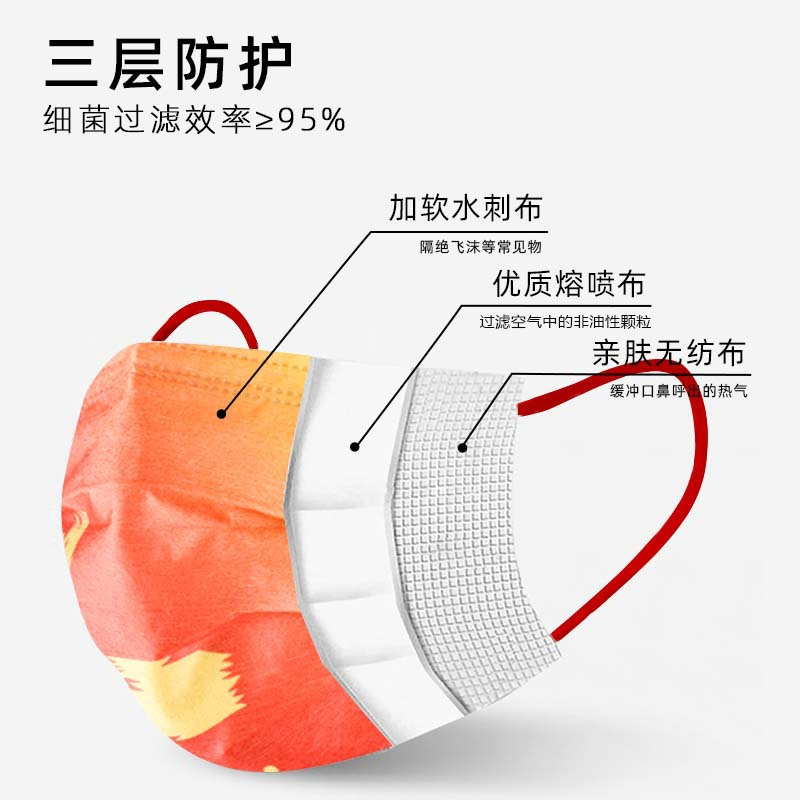 2022新款时尚版中国风口罩红色三层我爱你国潮一次性防护口罩创意个性男女性