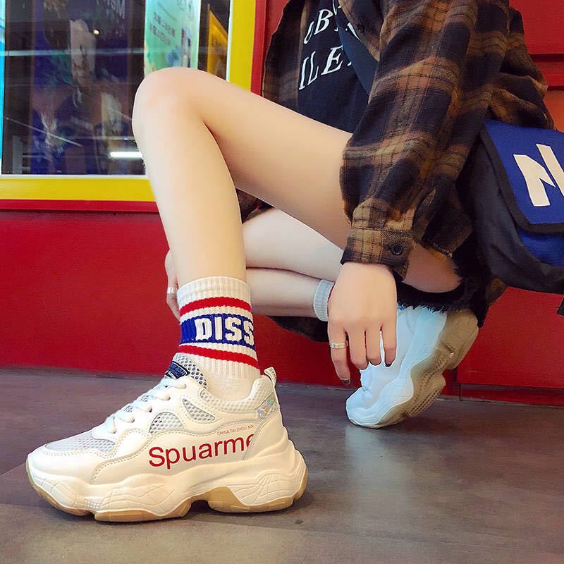 试穿】欧美风复古ins老爹鞋女2019春季新款松糕底透气超纤皮面运动鞋