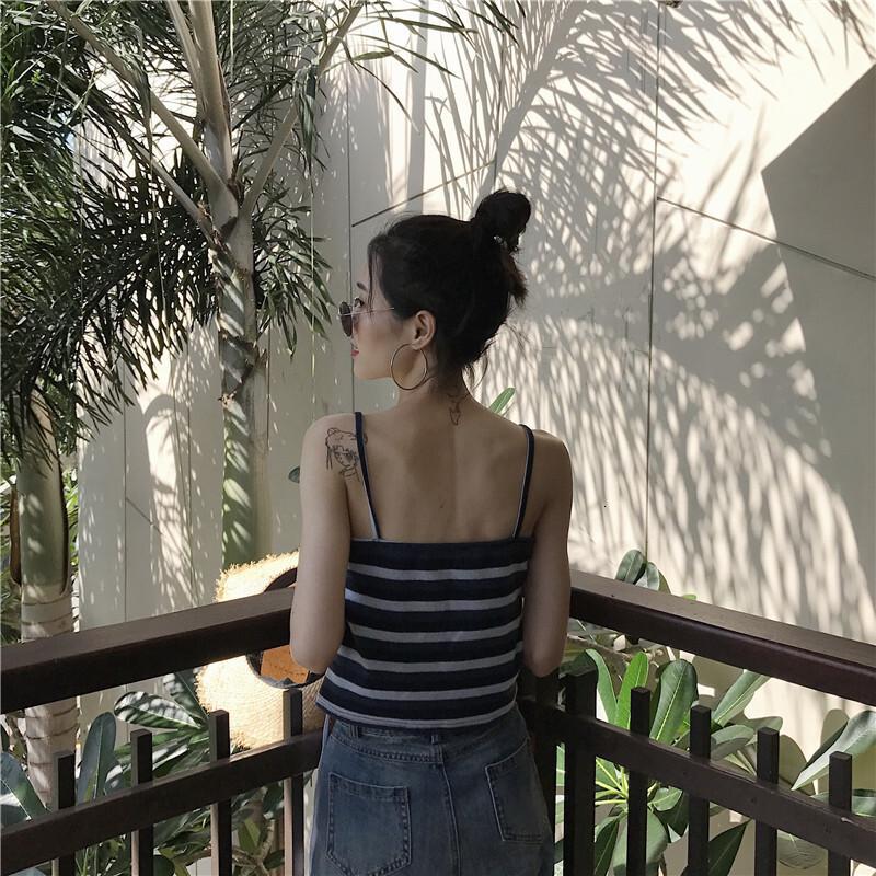小清新港味复古撞色条纹短款小带背心女蓝色均码