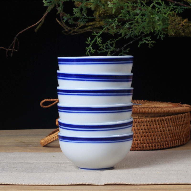 lichen 陶瓷蓝边碗小汤碗景德镇青花瓷器4英寸金钟饭碗中式釉下彩碗