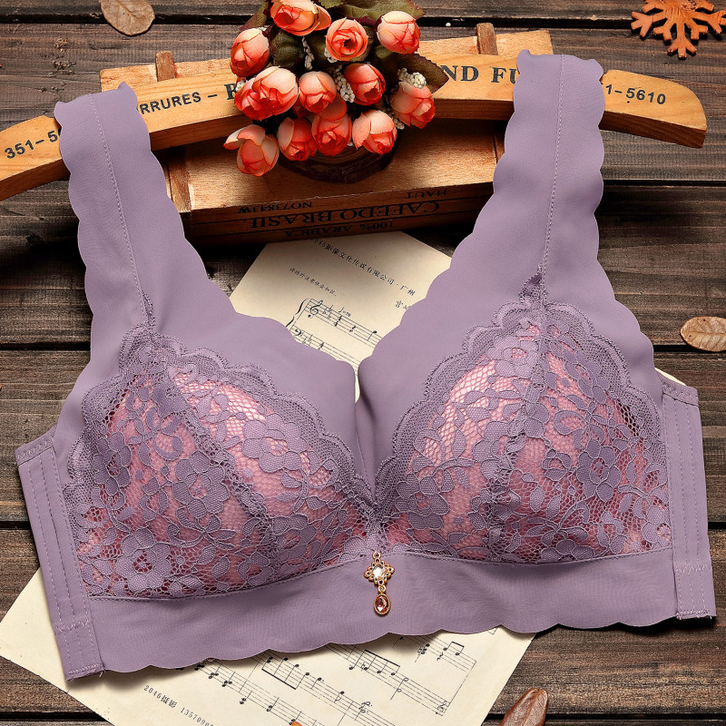 无钢圈背心式冰丝内衣女大码蕾丝冰丝中薄款无痕收副乳文胸套装