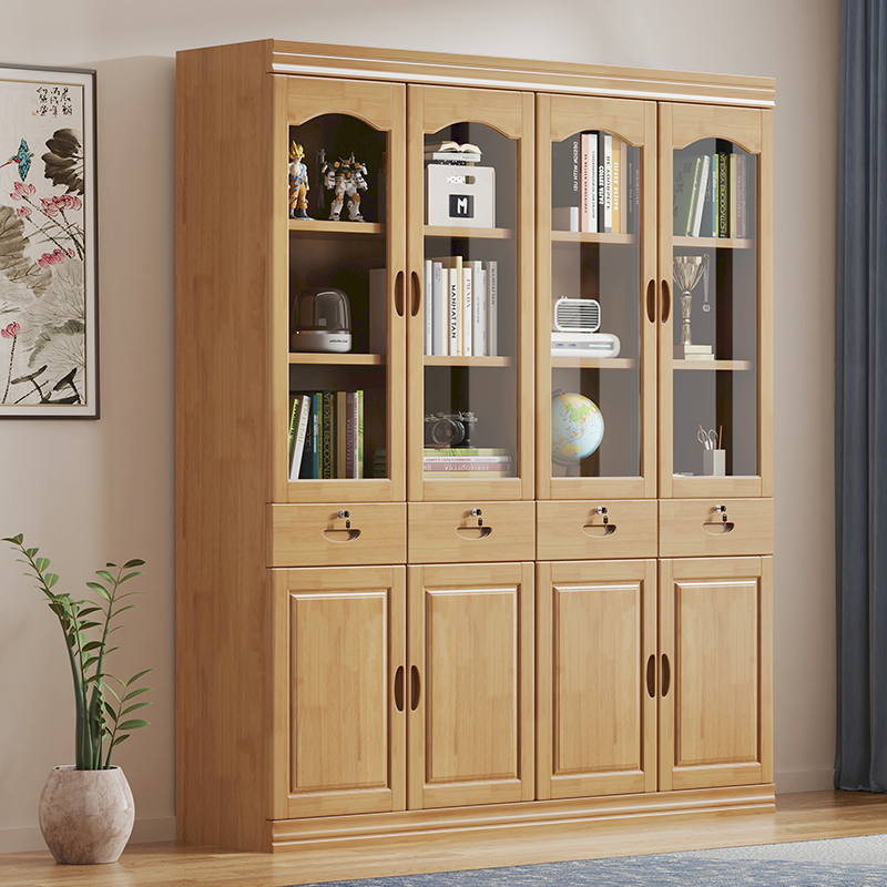 青木川 实木书柜客厅书房三门五门带玻璃门办公室防尘带锁文件柜靠墙