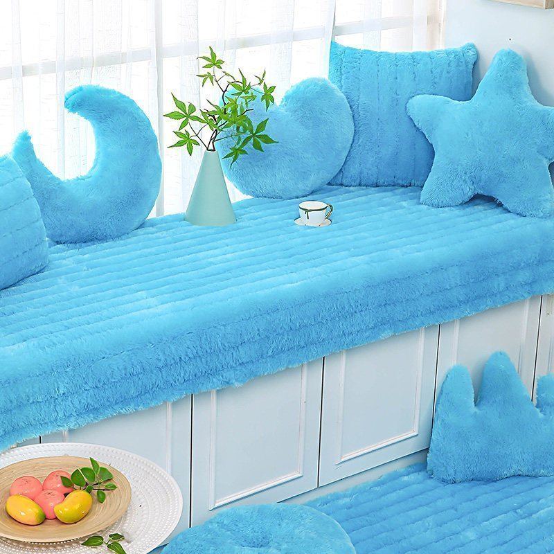 汐岩飘窗垫窗台垫毛绒加厚榻榻米坐垫阳台垫子落地窗毯榻榻米 天蓝色长毛绒90*210cm