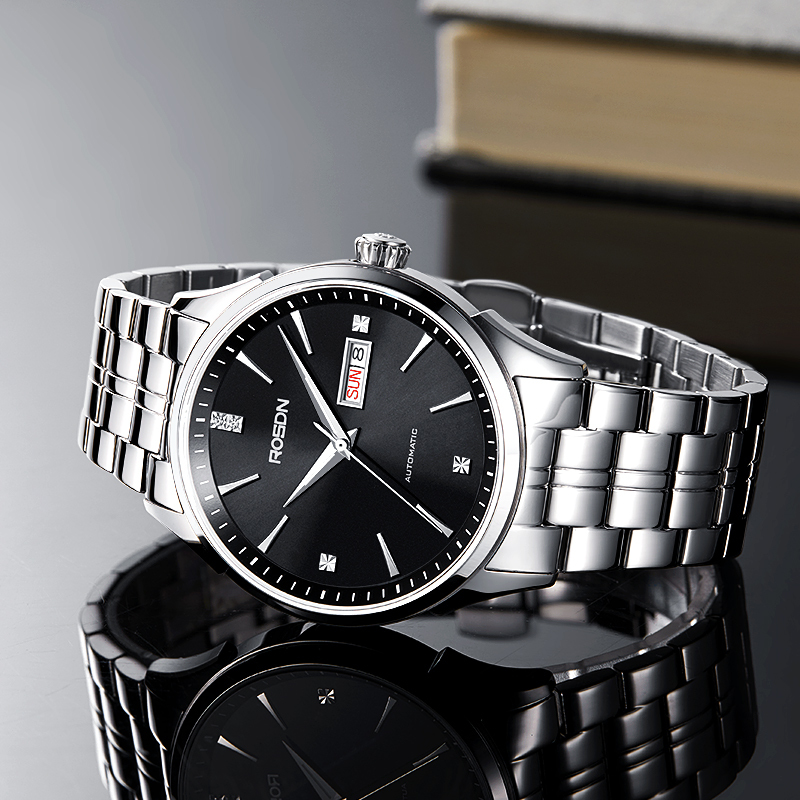 劳士顿rosdn手表男国产品牌自动机械表时尚商务休闲双日历真钻男表