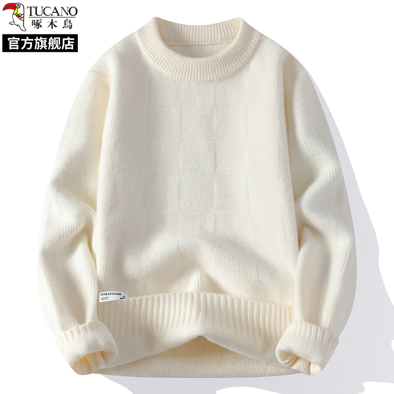 啄木鸟2025秋冬季新款圆领加厚保暖针织毛衣男士打底衫上衣服线圆高清大图
