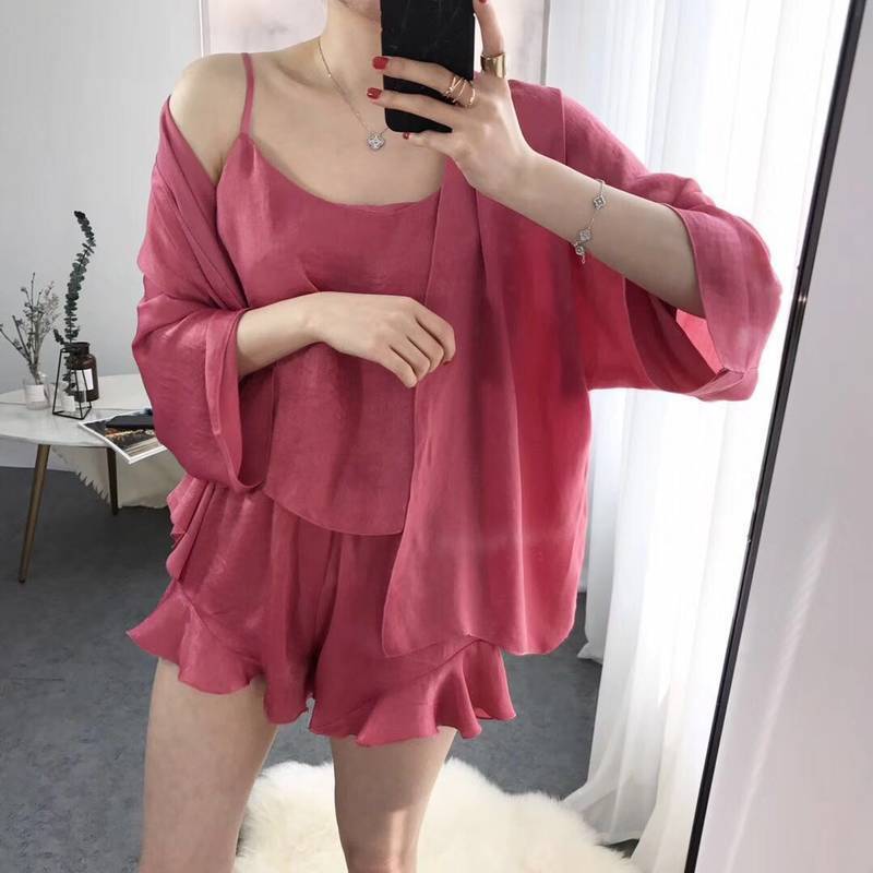 性感睡衣女士夏短袖三件套薄款年轻带丝可外穿学生家居服yy