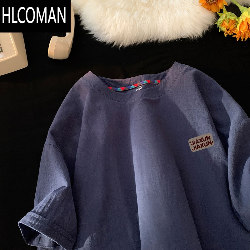 HLCOMAN棉麻短袖T恤男夏季字母印花潮流男生上衣大码宽松体恤