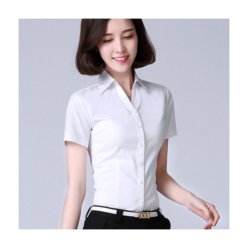 恋名媛蓝色衬衫女短袖职业装夏季v领大码气质工装女士棉工作服蓝衬衣