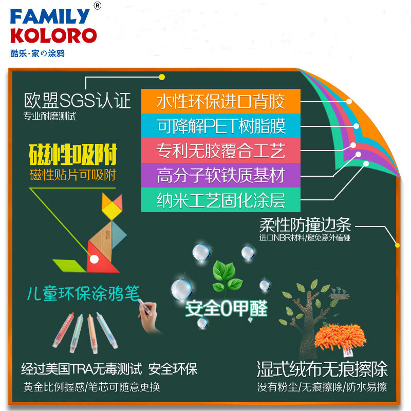 酷乐家の涂鸦 儿童环保家用宝宝画板磁性挂式可擦写移除黑板贴纸 标准套装 120*300cm