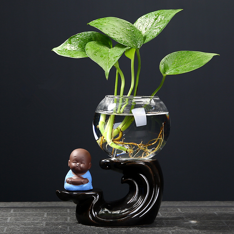 创意绿萝水培植物透明玻璃小花瓶陶瓷客厅装饰品水养插花器皿摆件 三维工匠 功夫-迎客四方 中等高清大图