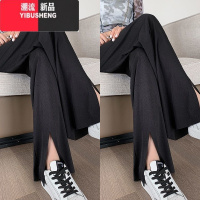YIBUSHENG大码胖mm冰丝开叉阔腿裤女季薄款宽松学生韩版休闲裤梨型巨显阔 大码适合110-135斤 黑色+黑色2件更优惠
