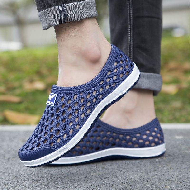 男士凉鞋塑料洞洞鞋男有跟一体包头夏天鞋镂空透气防滑沙滩涉水鞋蓝色