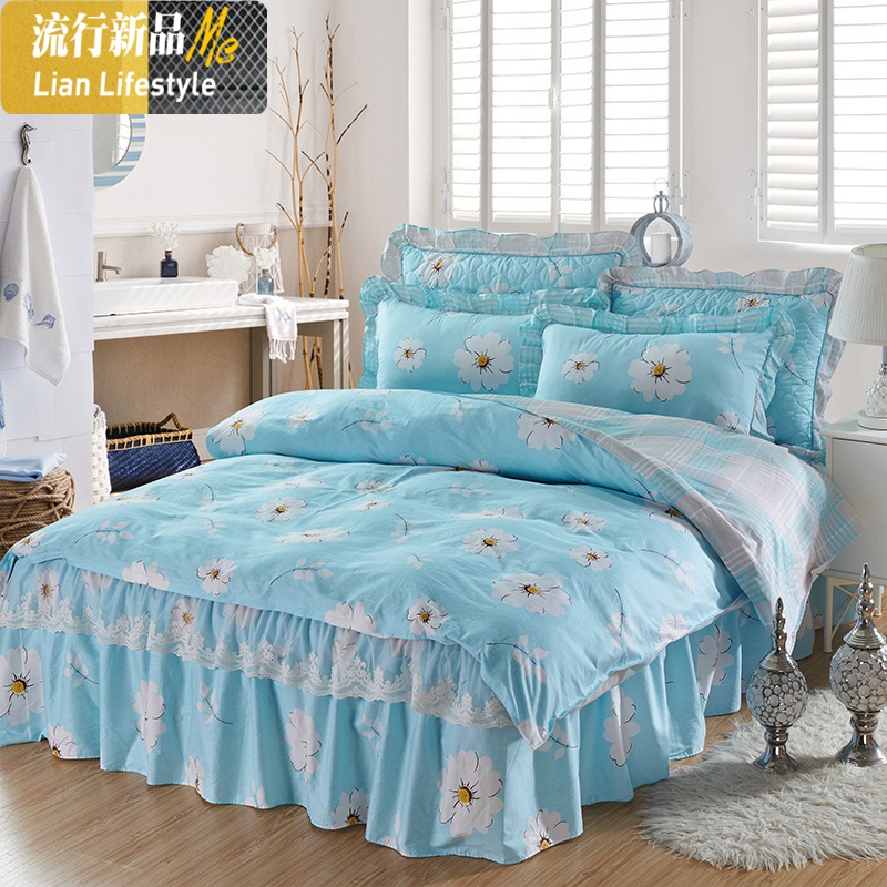 棉床裙款床罩四件套裙式床单蕾丝花边1.5米1.8m棉被套 三维工匠