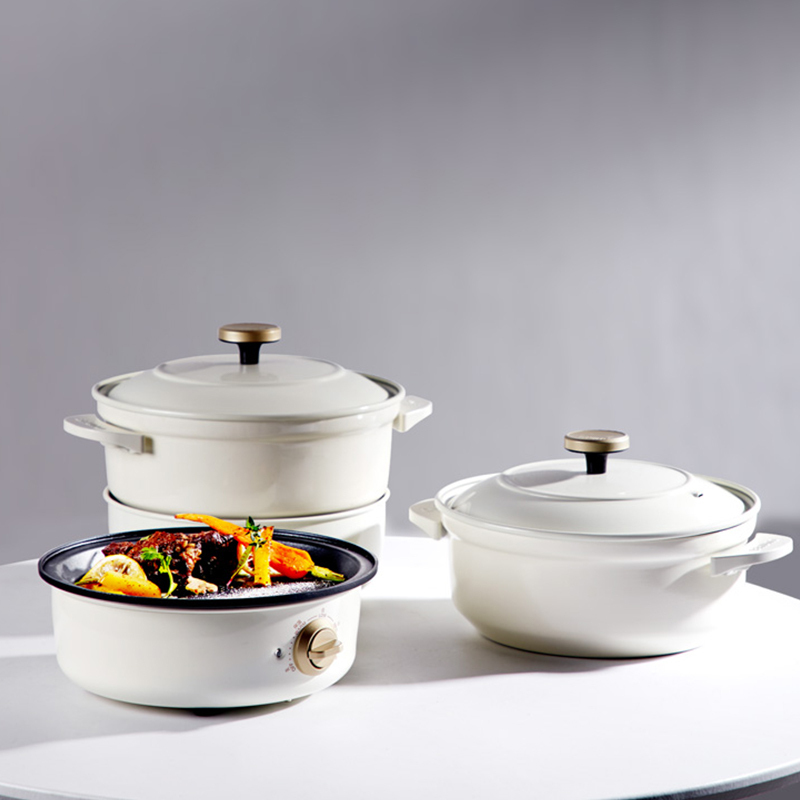 日本 BRUNO多功能煮食锅 BOE029-WH 珍珠白+圆盘 家用火锅料理电热锅一体锅蒸煮电煮锅