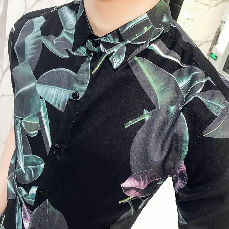 2018春夏男士短袖衬衫七分袖修身韩版型师夜店帅气帅气中袖衬衣