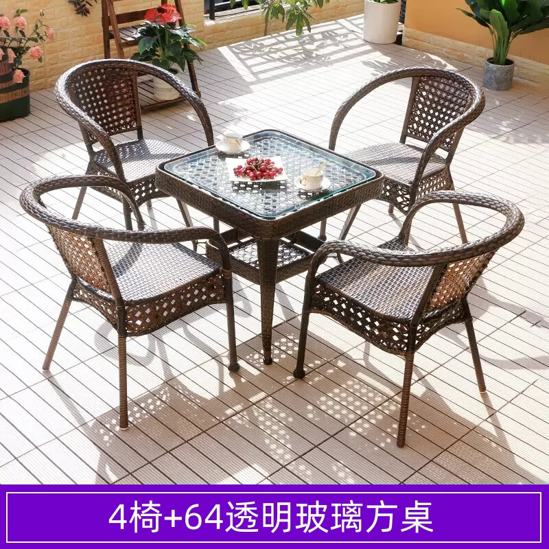 锦北藤椅阳台桌椅室外庭院藤编椅子花园茶几藤椅组合4椅+64透明玻璃方桌高清大图