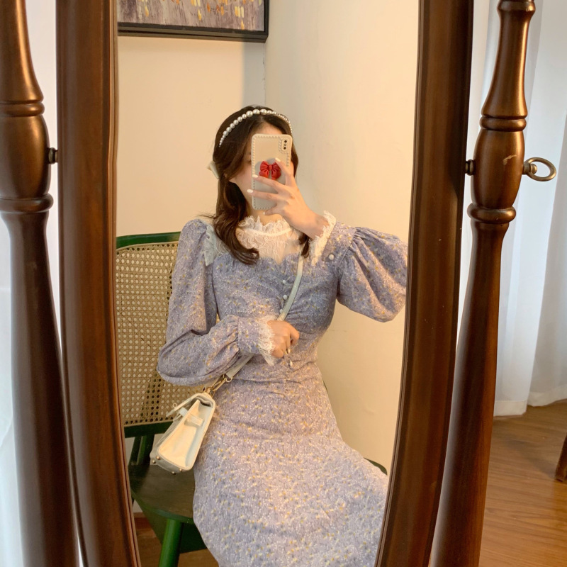 艳如飞温柔风碎花连衣裙子气质收腰显瘦法式长款复古紫色仙女超仙森系春连衣裙