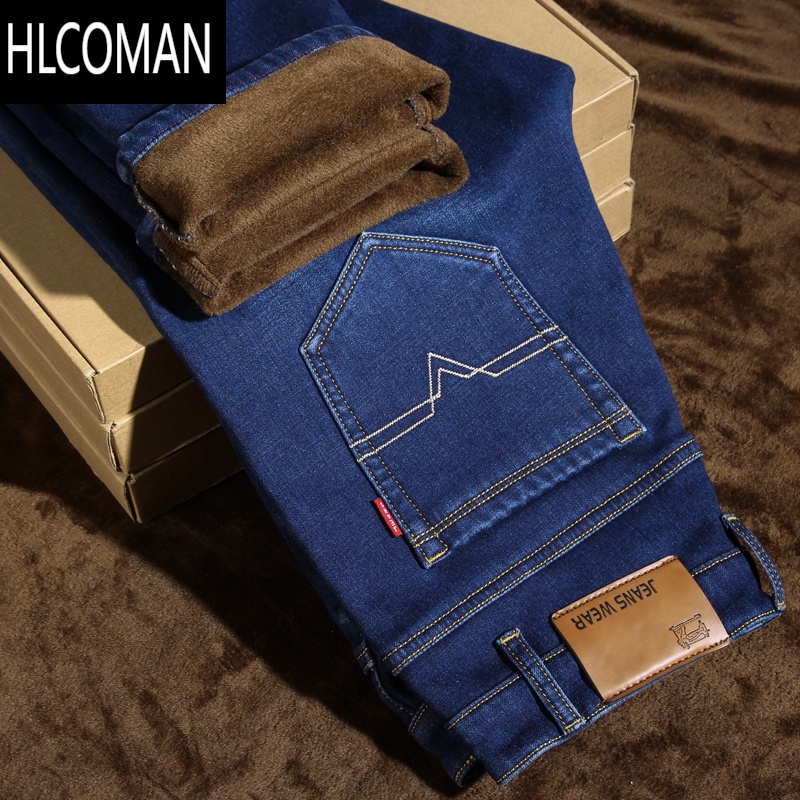 HLCOMAN冬天加绒加厚牛仔裤男士休闲黑色加棉裤子弹力直筒中年p暖男裤40 009款蓝色加绒 32
