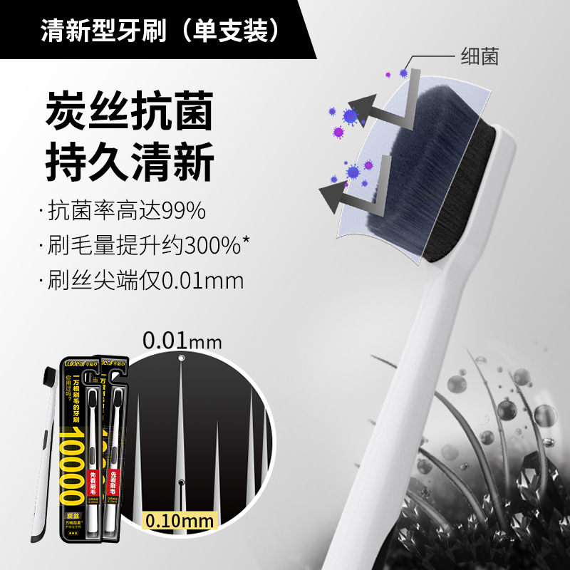 幸福草(Lukleaf)7012万根超柔护理型牙刷2支装炭清新型备长炭微粒深度清洁牙面及牙周不伤牙
