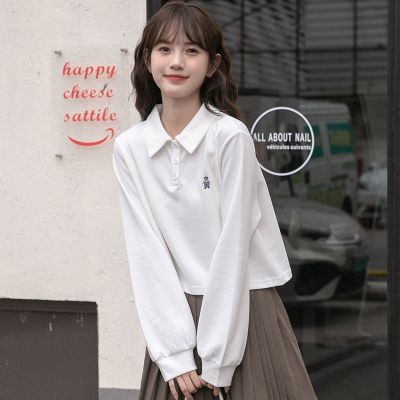 2021春秋新款polo领小熊刺绣长袖t恤女白色短款减龄甜美学院上衣