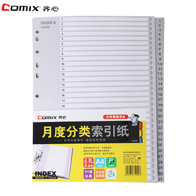 齐心(Comix)IX899月度分类索引纸31张/包 2包 A4 11孔易分类标签 料数字分页纸 办公用品 文件索引分页