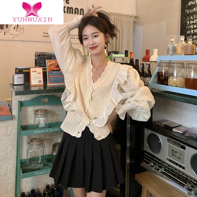 YUNWUXIN法式设计感小众拼接衬衫女2022新款秋季气质温柔V领别致长袖上衣