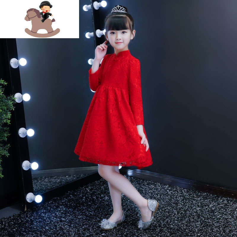 yuebin女童连衣裙秋冬加绒儿童洋气裙子过年长袖女孩公主裙红色礼服冬