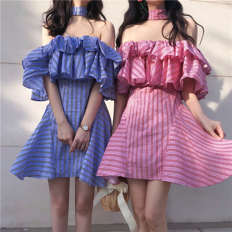 2018夏季新款甜美气质收腰层层荷叶边露肩一字领短袖条纹连衣裙女粉红