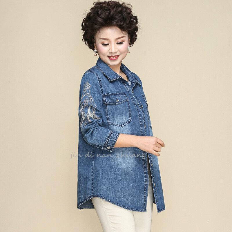 迪鲁奥(DILUAO)妈妈秋装中年女春秋牛仔袖大码2021新款中老年洋气上衣