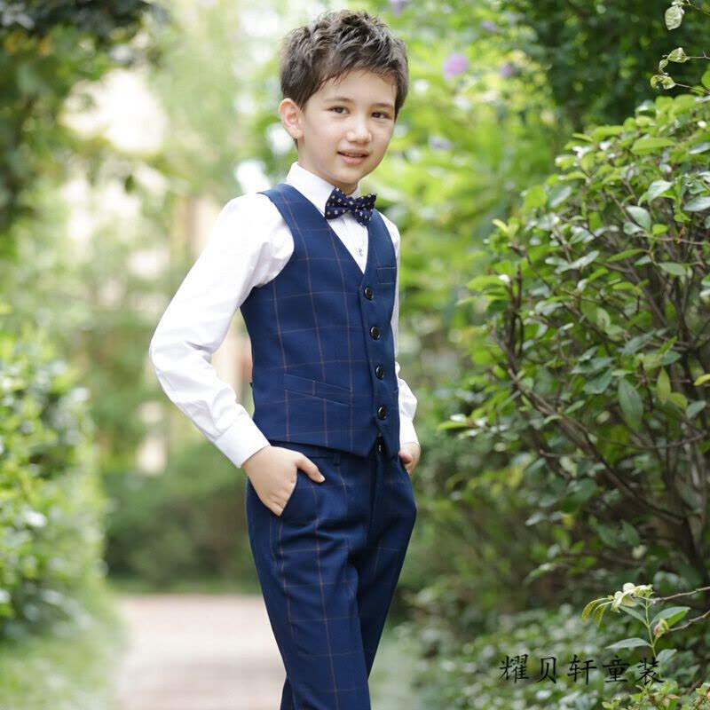 迪鲁奥(DILUAO)男童礼服马甲男孩套装花童主持人儿童马夹西装表演大童钢琴演出服 藏青格子马甲四件套图片