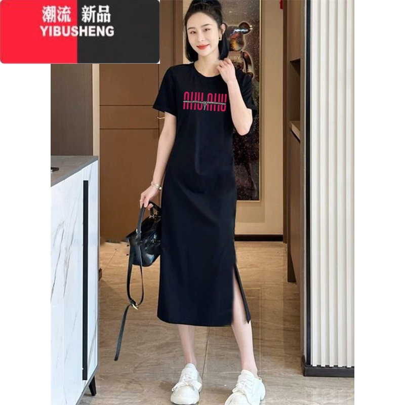 YIBUSHENG黑色开叉t恤连衣裙女2024年新款休闲宽松中长款过膝短袖裙子ins
