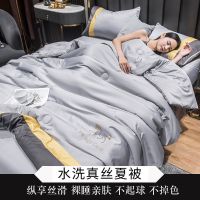 南极人天丝空调被夏凉被四件套冰丝夏被单人双人夏天薄被子春秋被_99 150*200cm【夏被+2只枕套】 艾玛-浅灰