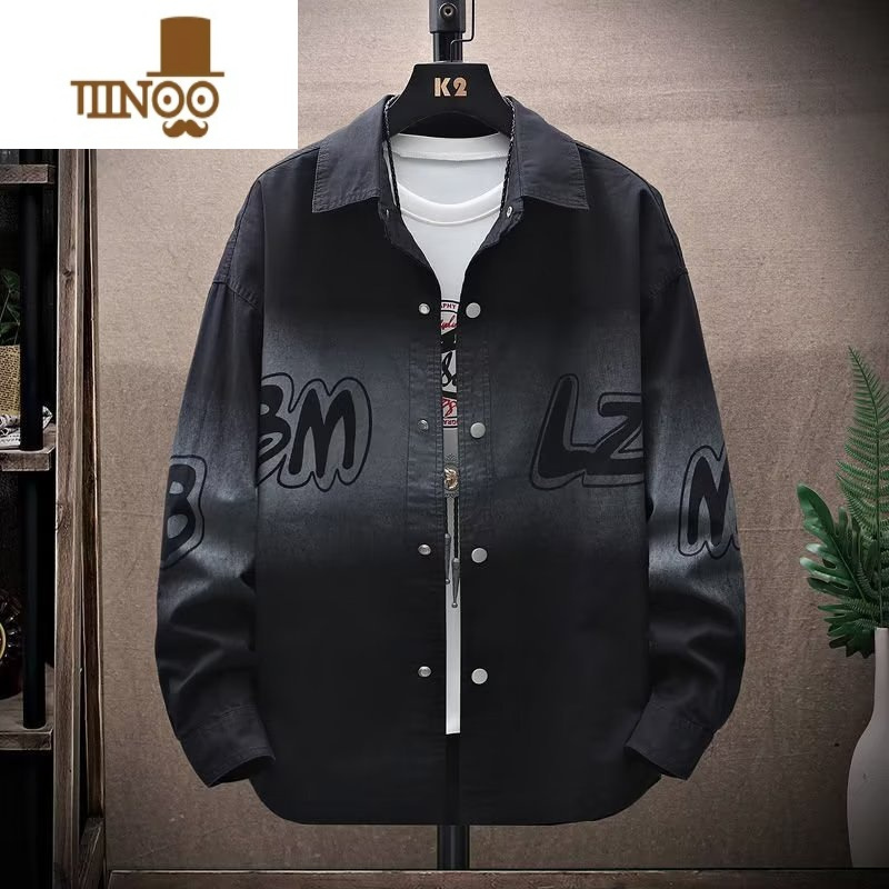 YANXU2023新款衬衫男士长袖秋季加厚休闲衬衣牛仔宽松外套黑色